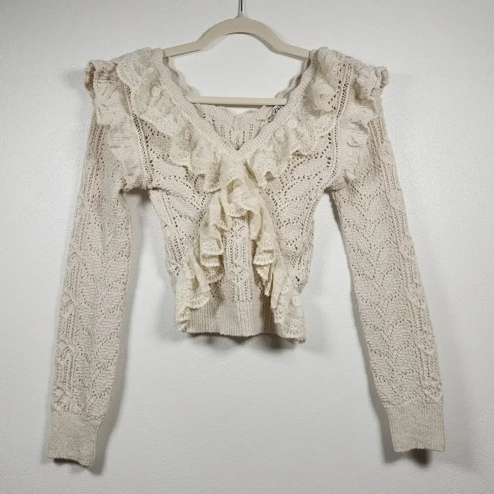 Zara Crochet Knit Lace Long Sleeve Boho Beach Coastal Fall Shirt Fairy Whimsy